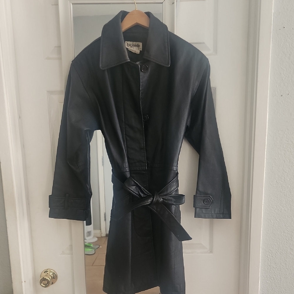 Bagatelle Vintage Black Leather Midi Trench Coat Belted Edgy 90s